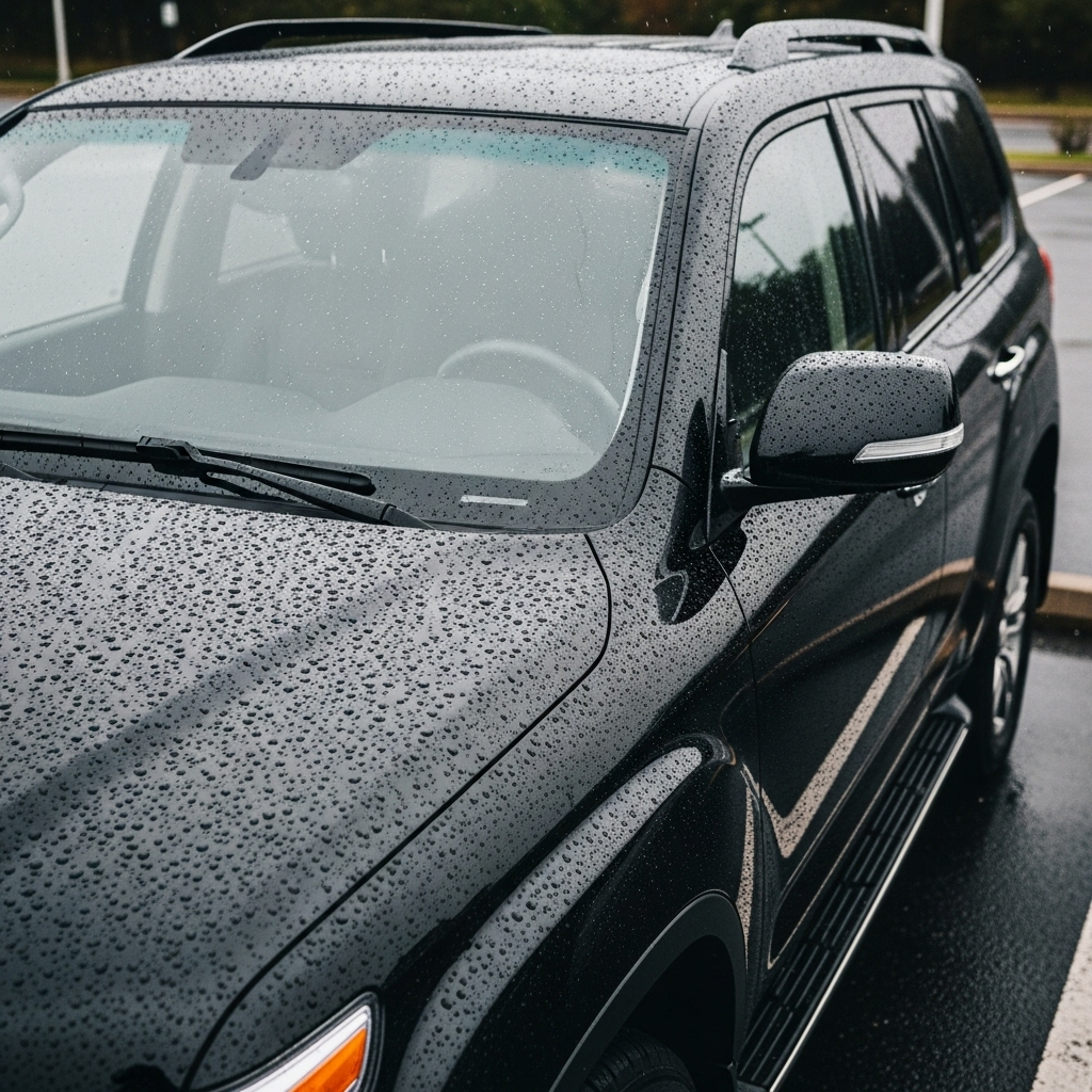 A black SUV with water beading on its surface