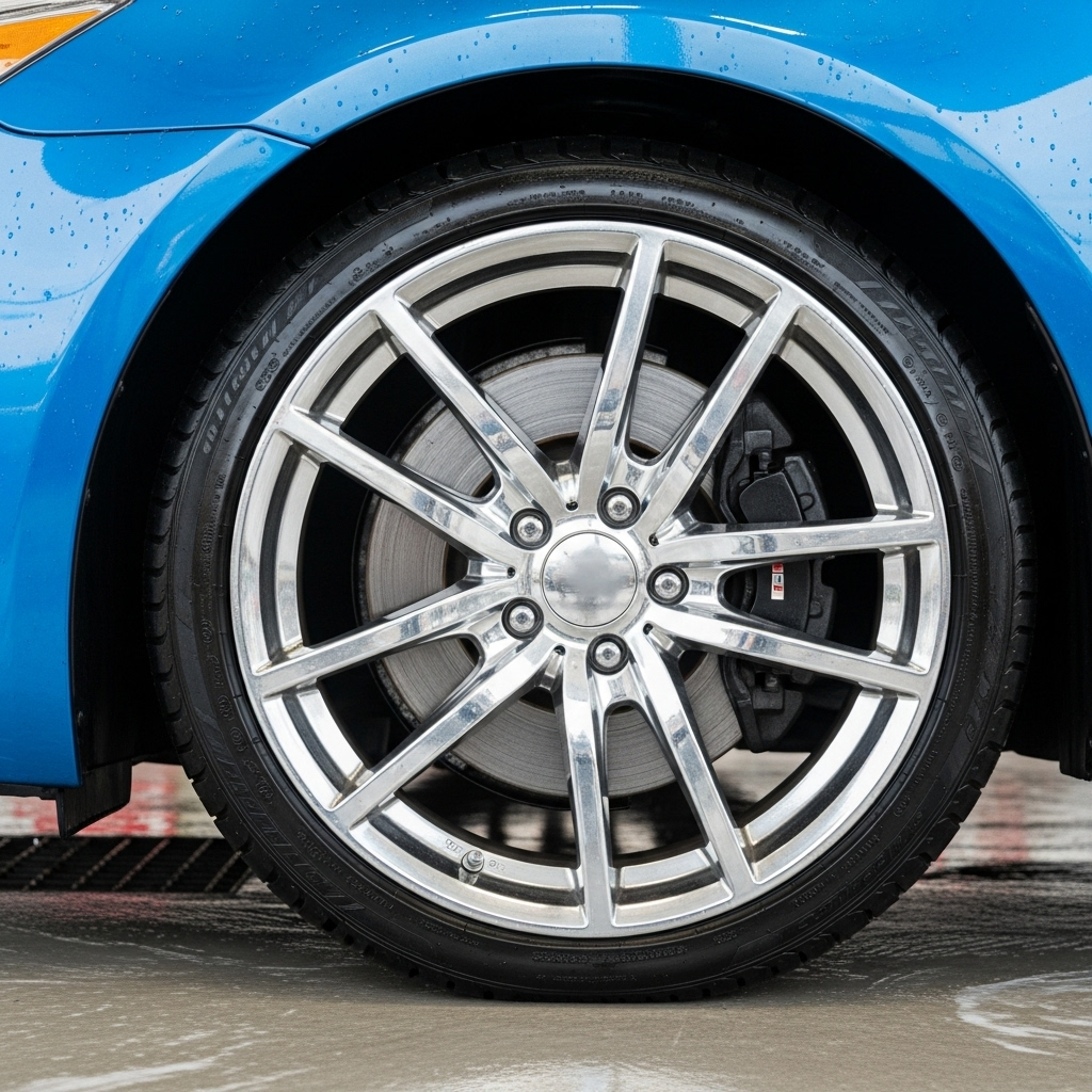 A blue car with perfect wheel cleaning